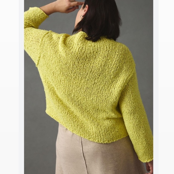 Anthropologie Yellow Chartreuse Chunky Knit Cotton Cropped Mock Neck Sweater - Picture 7 of 11